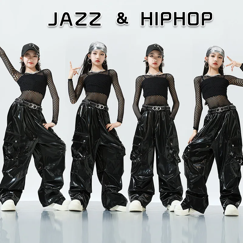أطفال بنات ملابس رقص الجاز الأسود صافي قمم السراويل الجلدية الاطفال الهيب هوب أداء الملابس Kpop الحديثة مرحلة الرقص ارتداء