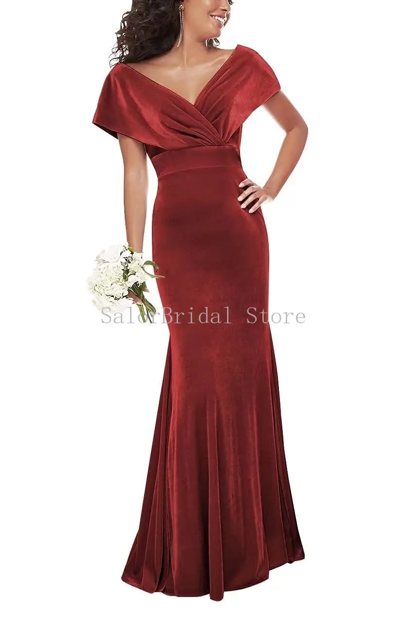 Velvet Mermaid Bridesmaid Dresses for Wedding V Neck Off Shoulder Prom Dresses for Women Pleated Floor Length Formal Gowns