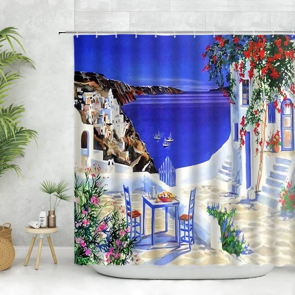 Seaside City Shower Curtain Greece Ocean Scenic  Curtain Natural Beautiful Scenery Sea Architecture Landscape Bathroom Curtain