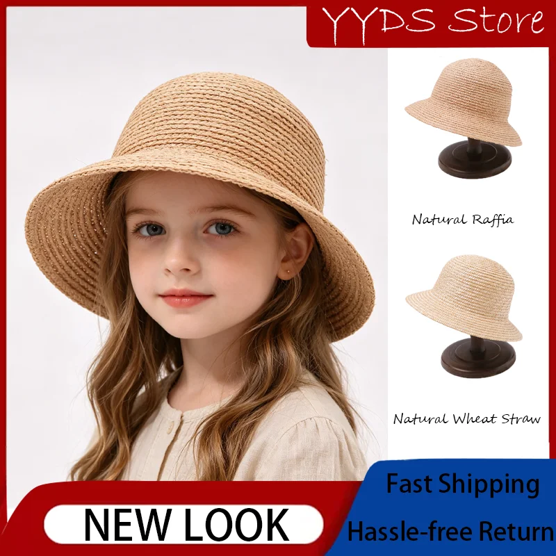 summer-rural-wheat-straw-large-brim-bucket-hat-uv-protection-sun-cap-for-toddler-boys-girls-beach-daily-matching-wear
