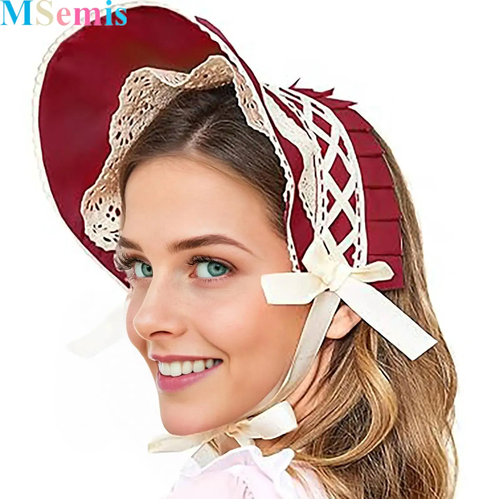 

Victorian Lace Bonnet Bow Hat Colonial Party Headwear for Halloween Costume Dress Up Sun Cap
