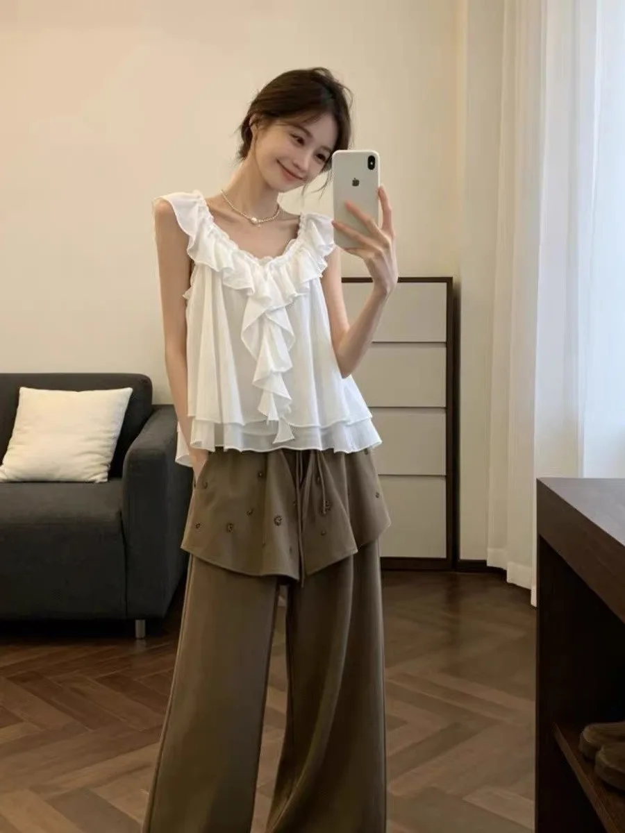 White V-Neck Sleeveless Shirt Women Summer Loose Slimming Lace Trim French Style Loose Fit No Sleeve Girls Citywalk Top