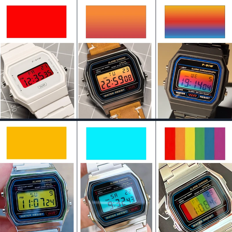 Pegatinas para pantalla F-91W para Casio A158 A159 A168, pegatinas coloridas de alta definición para pantalla DIY, kit de modificación, película de color para pantalla