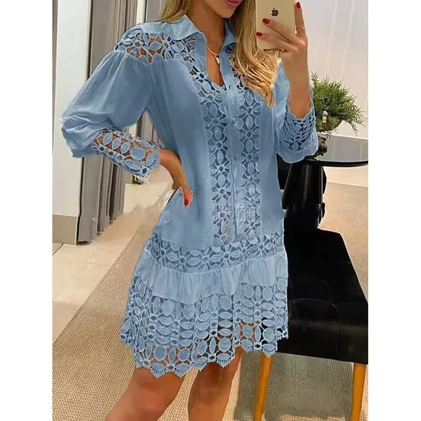 

Women's Elegant Lace Cutout Shirt Dress Set & Patchwork Design 2024 Fashion Suspender Dresses Two Piece Suit Outfits for Women