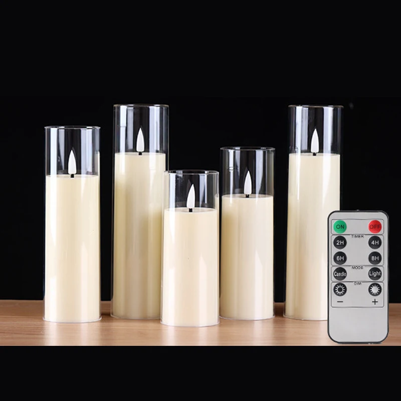 

3/5x беспламенная светодиодная свеча и дистанционный таймер на батарейках, акриловые прозрачные столбы, воск, портативная атмосферная лампа для рождественского декора