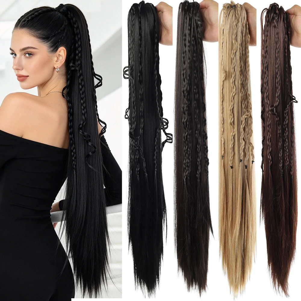 Synthetic Braided Ponytail Extension Long Straight Thin Braids Wrap Around Heat Resistant Hairpiece For Halloween Festival Party