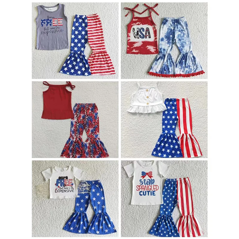 

Wholesale Toddler July 4th Kids Summer Set Children Cotton Tank Top Stripe Star Bell Bottom Pants Baby Girl Outfit Clothes