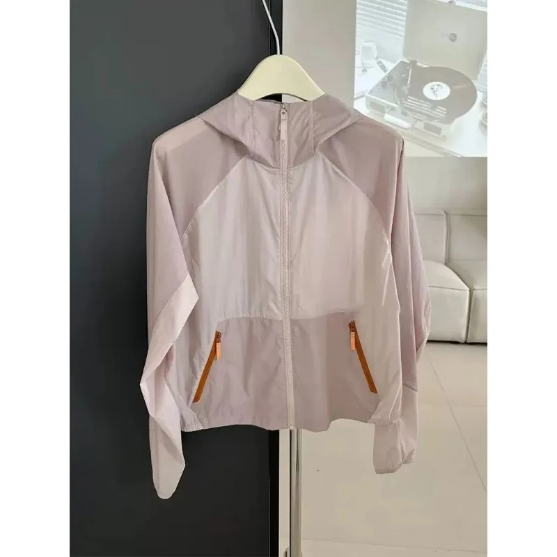 

Women's Light Pink Hooded Zipper Lightweight Jacket with Contrast Pocket Zippers