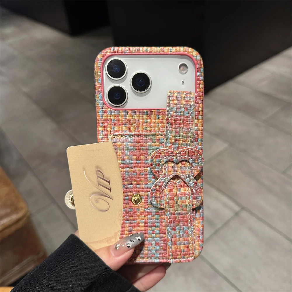 

Elegant Stylish Heart Bow Wrist Strap Card Holder Phone Case for 17 Pro Max Tweed Texture Wallet Cover for iPhone 16 15 14 13
