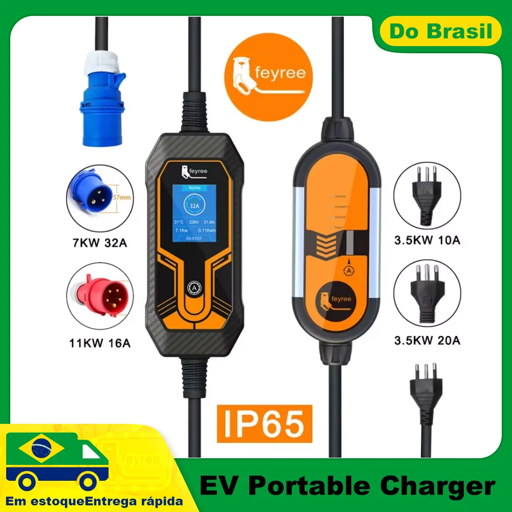 Feyree 32A 7KW Type2 EV cargador portátil 11KW 16A 3 fases 5M Cable EVSE caja de carga cargador de coche enchufe CEE para vehículo eléctrico