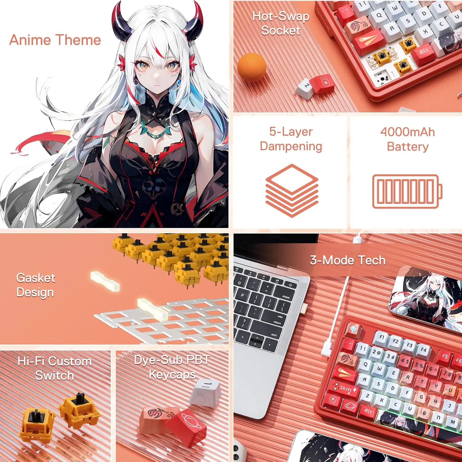 Redragon K673 PRO SE 81 مفتاحًا لاسلكيًا RGB 3-Mode Anime Mechanical Hot-Swap المقبس لوحة مفاتيح الألعاب، مفتاح خطي هاي فاي مخصص