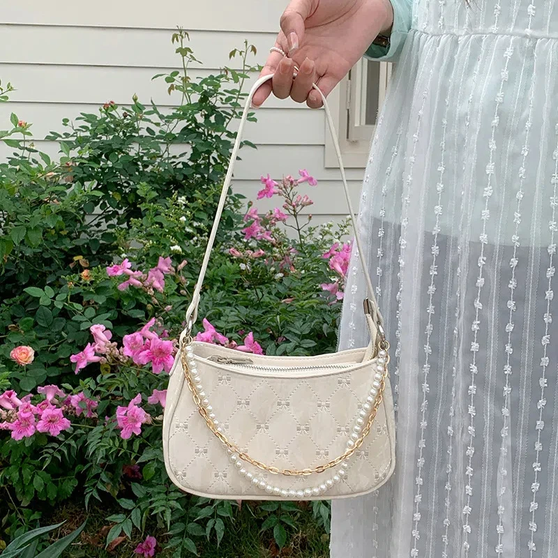 Pink Womens Shoulder Bag Elegant Cute Bow Pearl Chains Bow Embroidery Handbag Casual Leather Korean Fashion Female Handbag