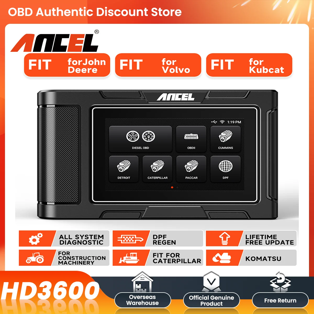 ANCEL HD3600 OBD2 Scanner Heavy Duty Truck Full System Automotive Tool for Caterpillar/Deere/Komatsu DPF Resets