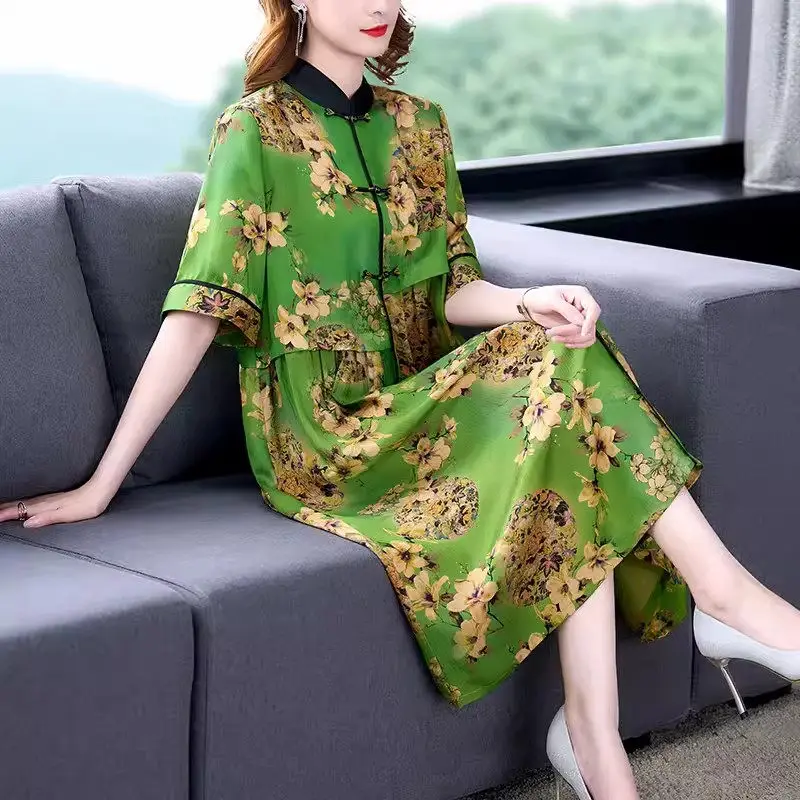 Dress 2024 Summer New Middle Aged And Elderly Mom's Fashion Elegance Vintage Printed Imitation Silk Short Sleeved Dress K376