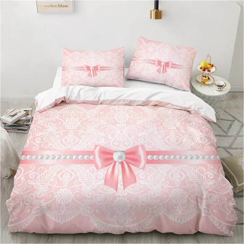 

Pink Bow Duvet Cover Set Kawaii Princess Style Bedding Set Queen Duvet Cover Soft Breathable for Girls Women Bedroom Decoration
