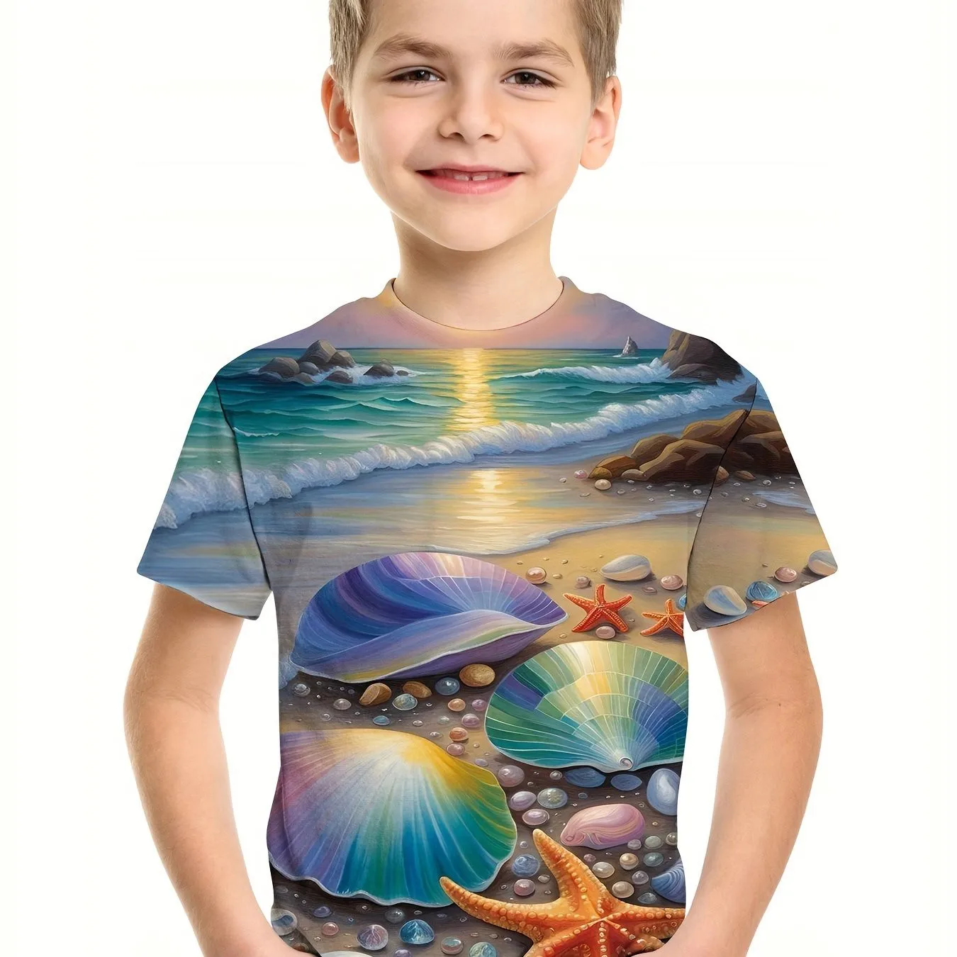 Boy's Hawaiian T-Shirt Vacation Kids Round Neck Tees Tops Beach Casual Soft Comfortable Breathable Summer Children's Clothing