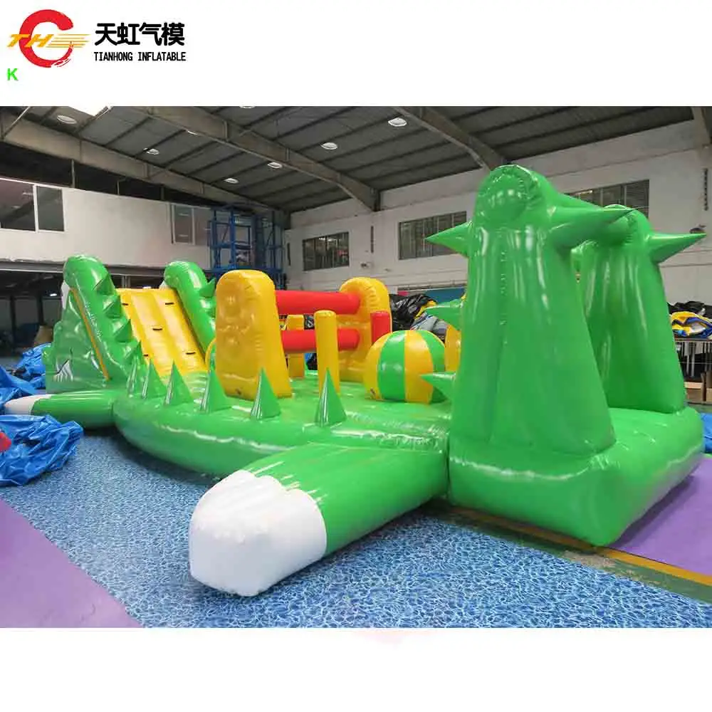 Comercial 10m de comprimento ar apertado crocodilo água pista jogo inflável curso obstáculo piscina água flutuante esporte jogo