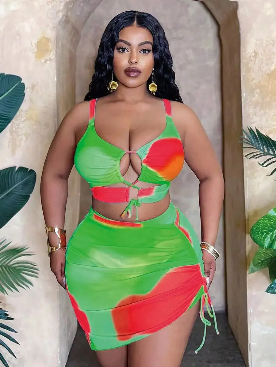 

Plus Size Women 3 Piece Swimsuit Set Gradient Print Tie Front Hollow Top Triangle Bottoms Drawstring Beach Skirt