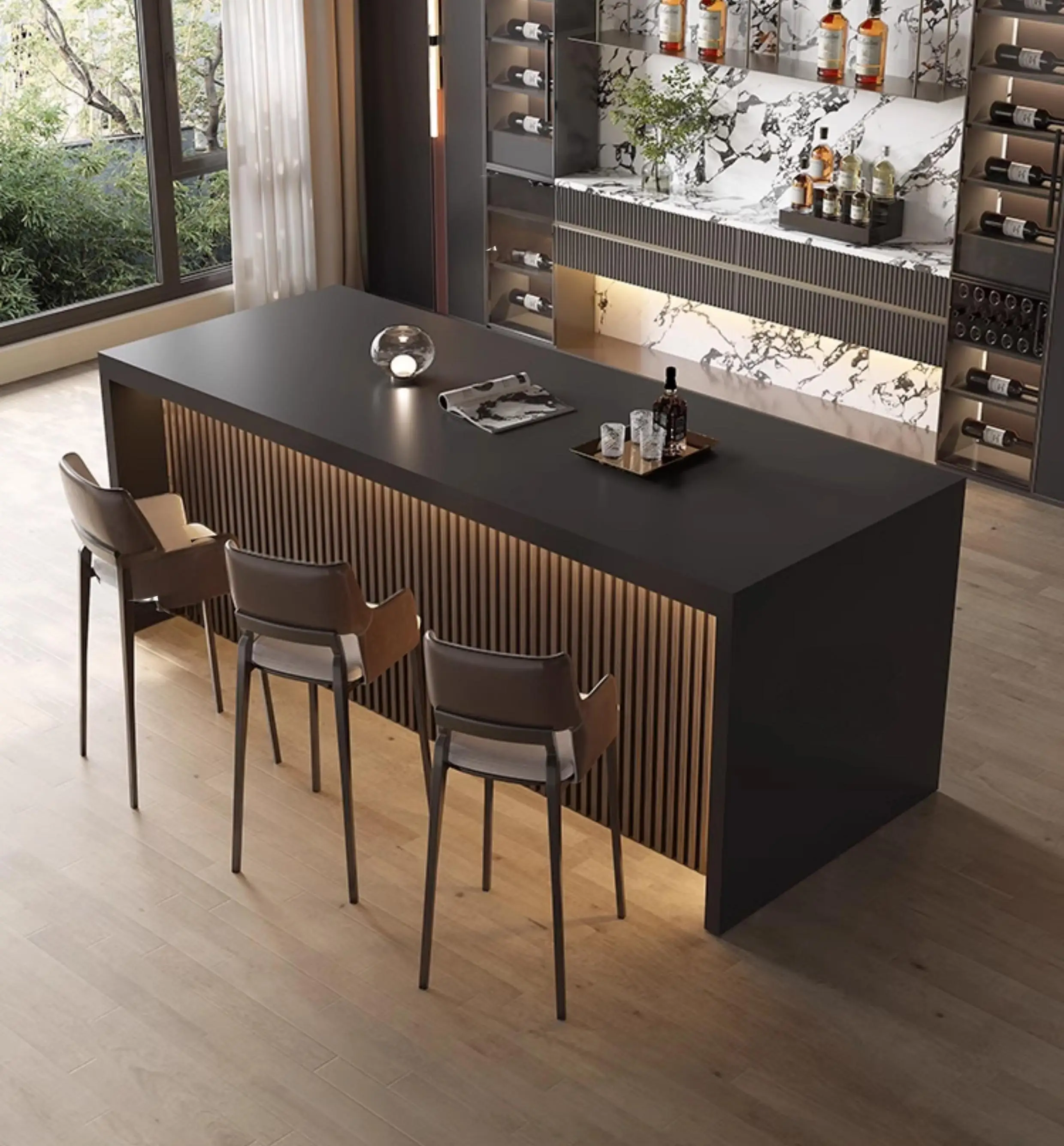 طاولة طعام مدمجة على شكل جزيرة رخامية - شبه مطبخ مخصص للمساحة الصغيرة، سطح مطبخ مفتوح المفهوم مع قرص حجري