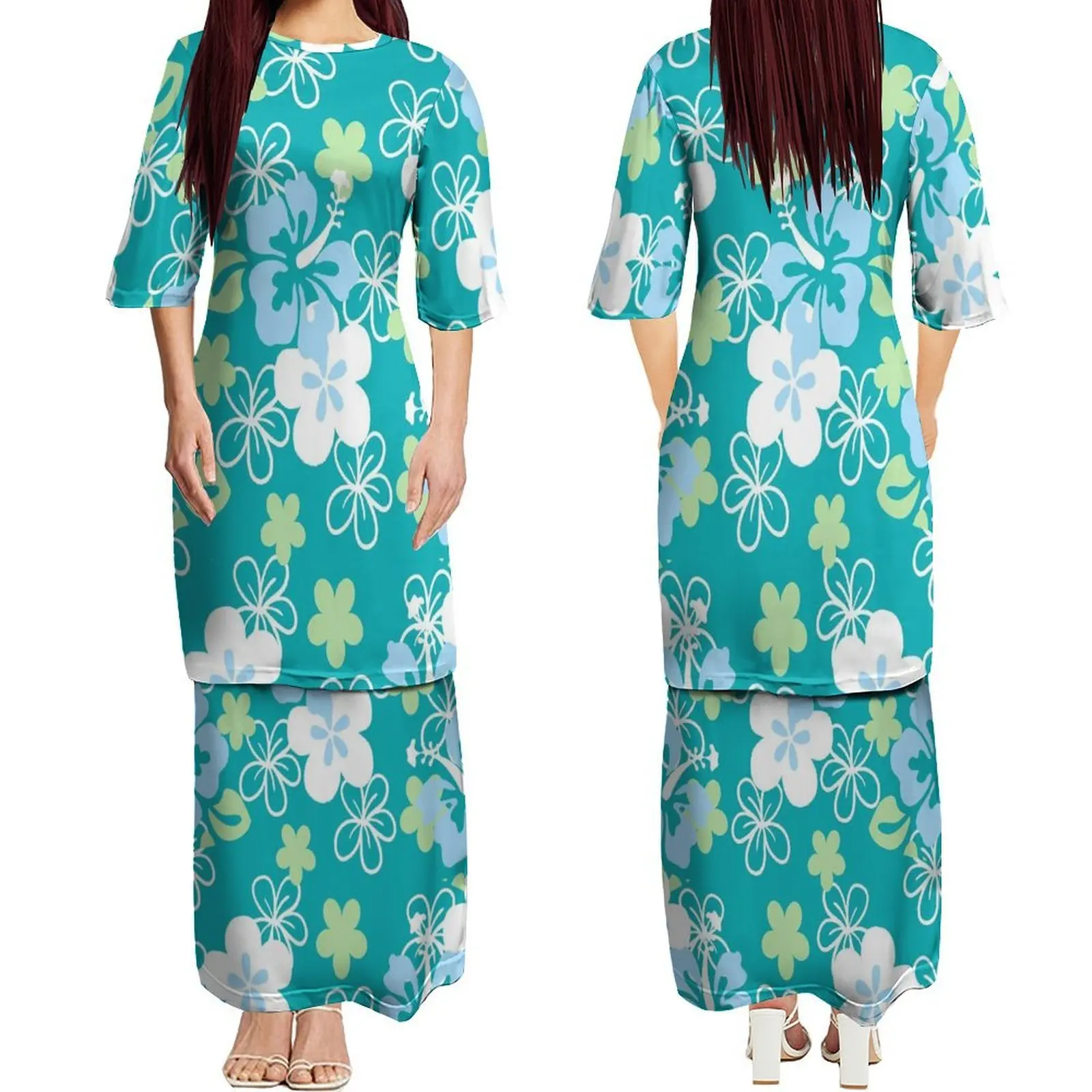 Vestido de dupla camada para mulheres com gola redonda e manga média personalizado hibisco padrão verão puletasi vestido elegante e emagrecedor