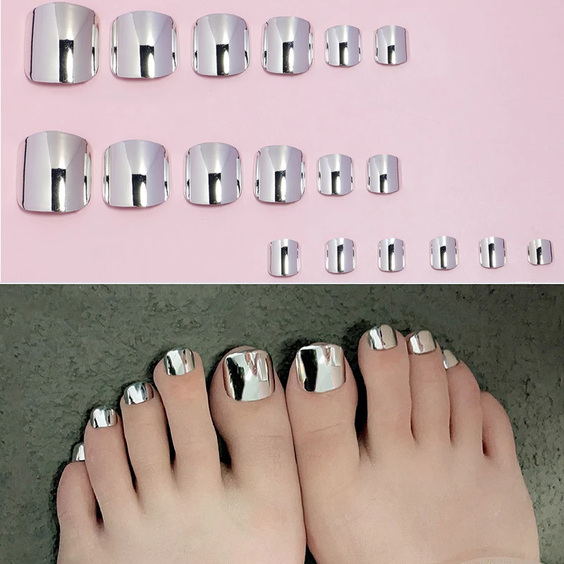 24 pçs espelho cromo imprensa em unhas dos pés metálico dicas de arte do prego falso curto quadrado cobertura completa unhas falsas para mulheres e meninas
