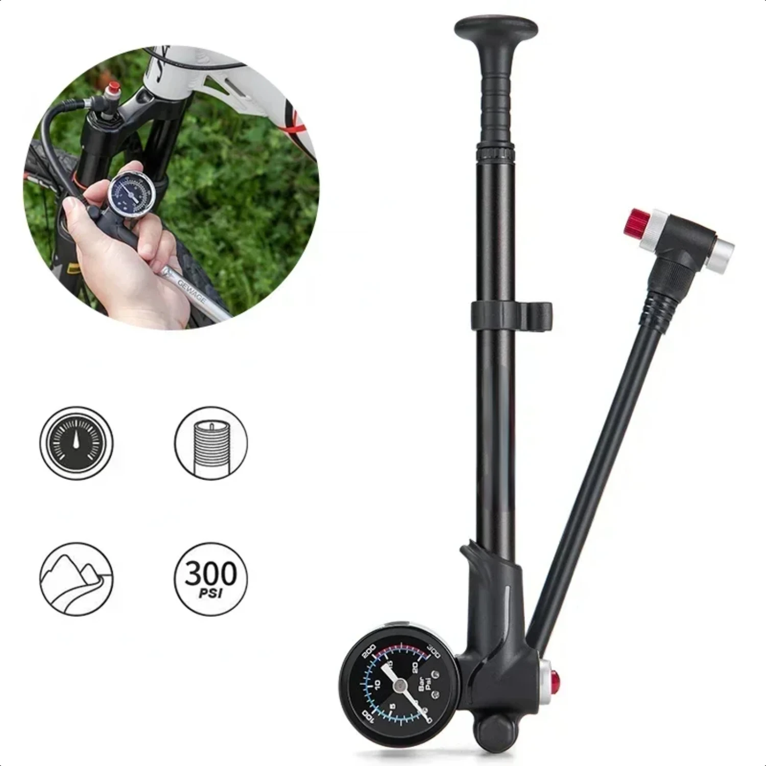 

Портативный воздушный амортизатор высокого давления для горного велосипеда с манометром, 300 фунтов на квадратный дюйм, вилкой и задней подвеской.