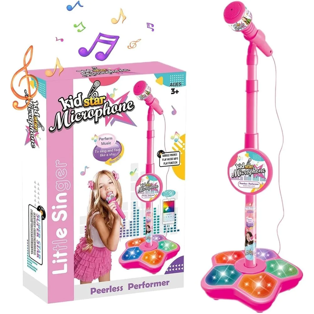 Kids Karaoke Microphone with Adjustable Stand, LED Lights & Speaker, Musical Singing Toy for Girls Boys, Party Birthday Gift