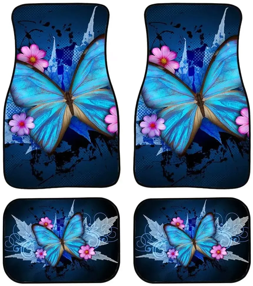 AFPANQZ Blue Butterfly Car Floor Mats Carpet Front and Rear Full Set 4 PCS Interior Floor Mats for Car SUV Van All Weather Prote