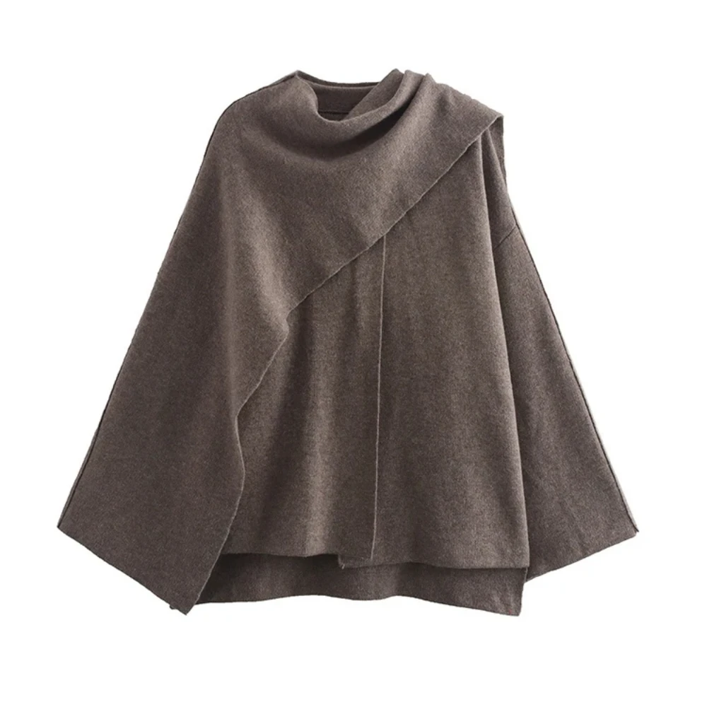Women's Fashion Fall Winter Chic Scarf Jacket Long Sleeve Knitted Asymmetric Jacket Sexy Split Hem Loose Short Jacket