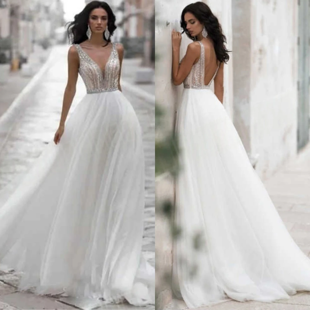 

Customized Exquisite Tulle Evening Dress Exquisite V-Neck Sleeveless Prom Dresses Temperament Crystal Special Occasion Gowns