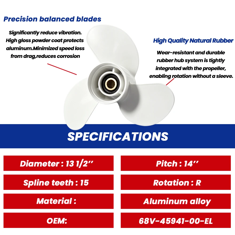 Boat Propeller 13 1/2x14 for Yamaha 50 60 70 75 80 85 90 100 115 130HP Outboard Engine Aluminum Alloy Screw 3 Blade 8 Spline 68V view 2