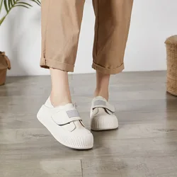 Birkuir Genuine Leather Flat Platform Women Shoes Hook Loop Soft Soles Shoes Round Toe Thick Heel Luxury Casual Boat White Shoes