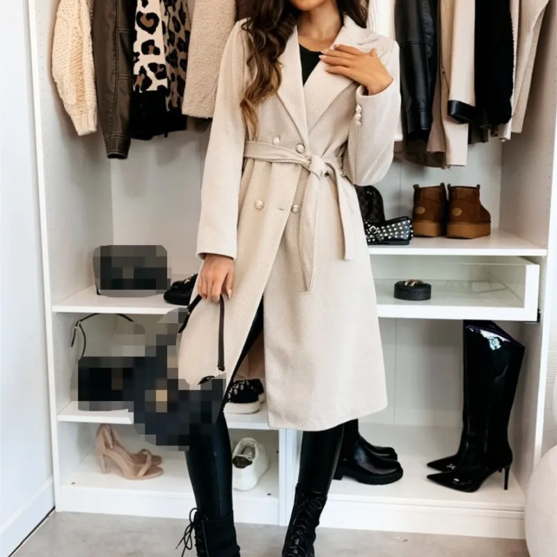 Solid Color Fashion Simple Double Row Buckle Tied Woolen Coat For Women's Autumn Winter New Style Tied Coat Manteaux Hiver Femme