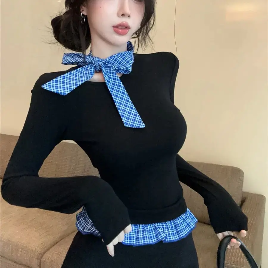 Hot Girl Bow Neck Long Sleeve Contrast Color Plaid Strap Slim Fit Bottoming T-Shirt Women's Top