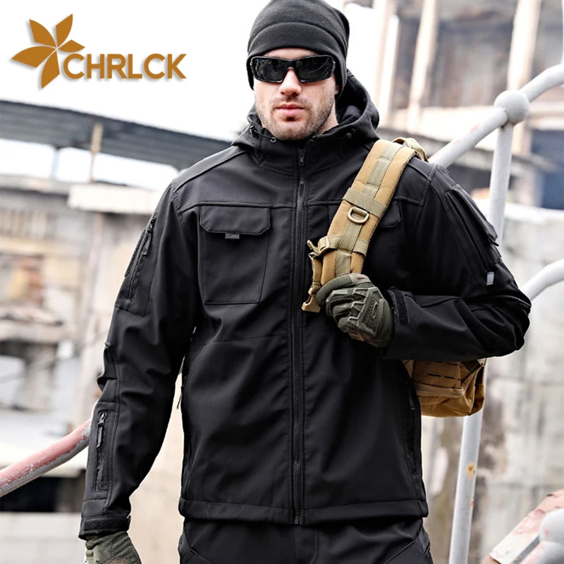 

CHRLCK Men's Winter Autumn Waterproof Hiking Jackets Tactical Windproof SoftShell Jacket Fishing Camping Climbing Coats Hooded