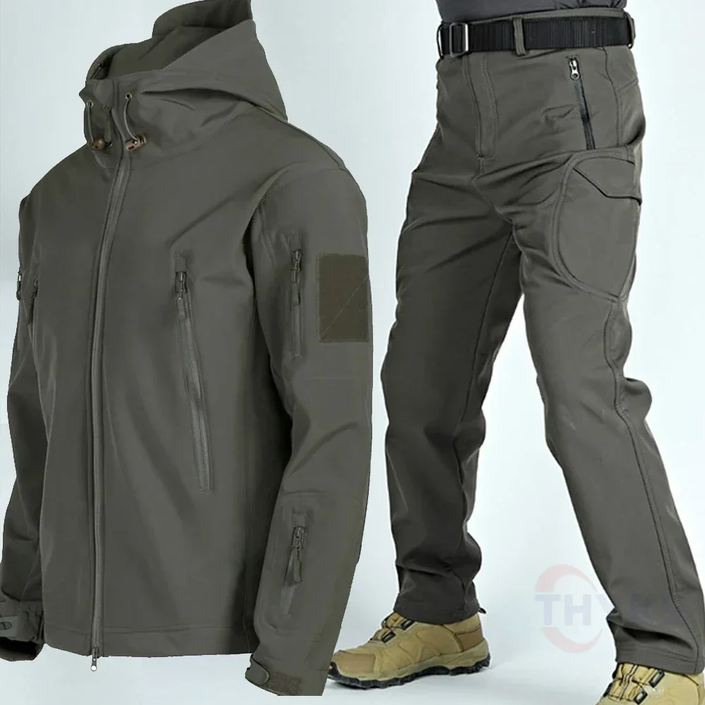 Winter Shark Skin Fleece Tactical Sets Mens Outdoor Training Combat Wear Resistant Waterproof Multi-Pockets Military Coats Male