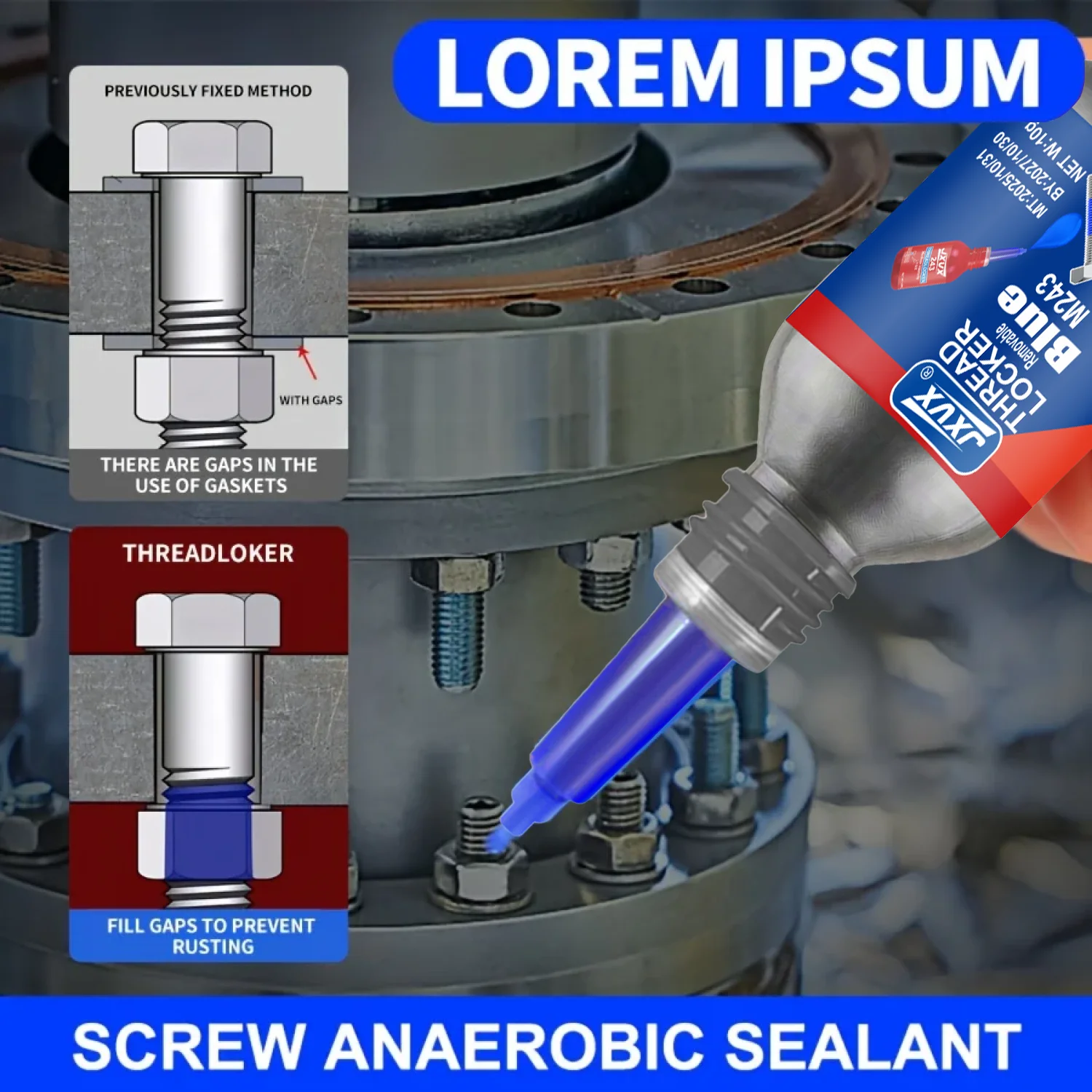 Quickly Cured Thread Locking Blue Medium Strength Removable Agent Anaerobic Adhesive Industrial Thread Sealant Anti Loosening Glue Waterproof Weather-Resistant,Suitable for all metal threaded assemblies.