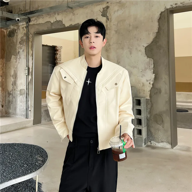 

Spring New Sle ort Quilted Leather Jaet Korean Version Casual Small Stand Collar Men's Outerwear Faionable Streetwear