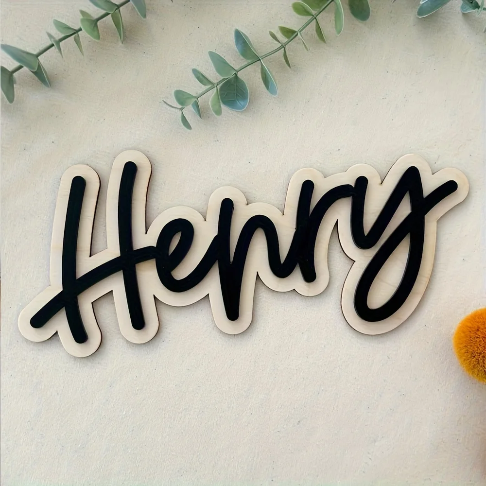 Customizable Double-Layered Wooden Name Plaque with Pink Lettering Battery-Free Wall Decor Personalized Gift for Birthday