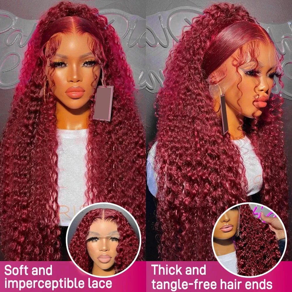 Loira Destaque Peruca Encaracolada, HD Lace Frontal Peruca, Cabelo Humano Profundo, Fechamento de Renda Glueless, 99J Vermelho, 30"