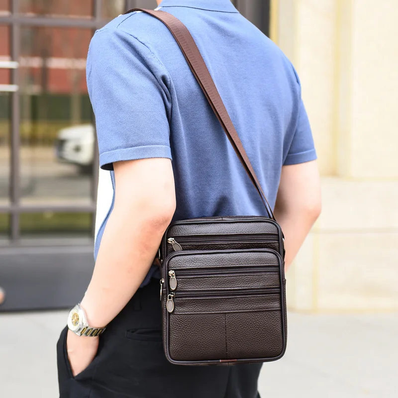 Real leather men's cross-body bag casual all shoulder cowhide backpack large capacity mobile phone storage