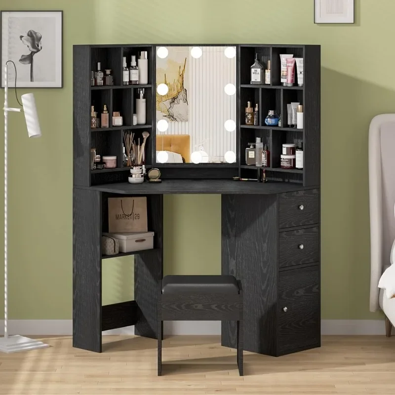 Safe Makeup Vanity Desk With Lighted Mirror,Black Vanity Set With Lights,Large Dressing Tables With Lots Storage For Bedroom