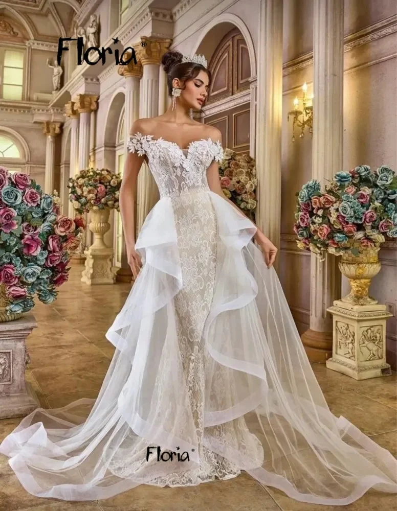 

Кружевное свадебное платье с открытыми плечами и короткими рукавами, свадебное платье русалки в Дубае с верхней юбкой, платье невесты на шнуровке сзади