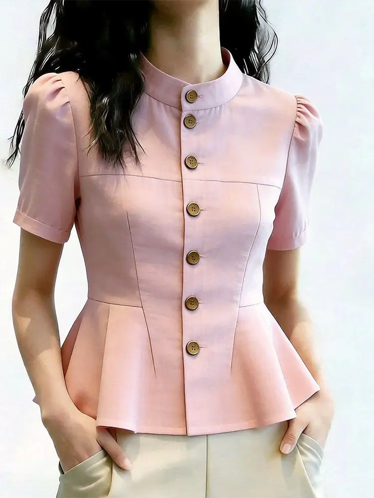 2026 Summer French Style Pink Short Sleeve Shirt for Women, Elegant Commuter Peplum Blouse, Fashion High-End Top