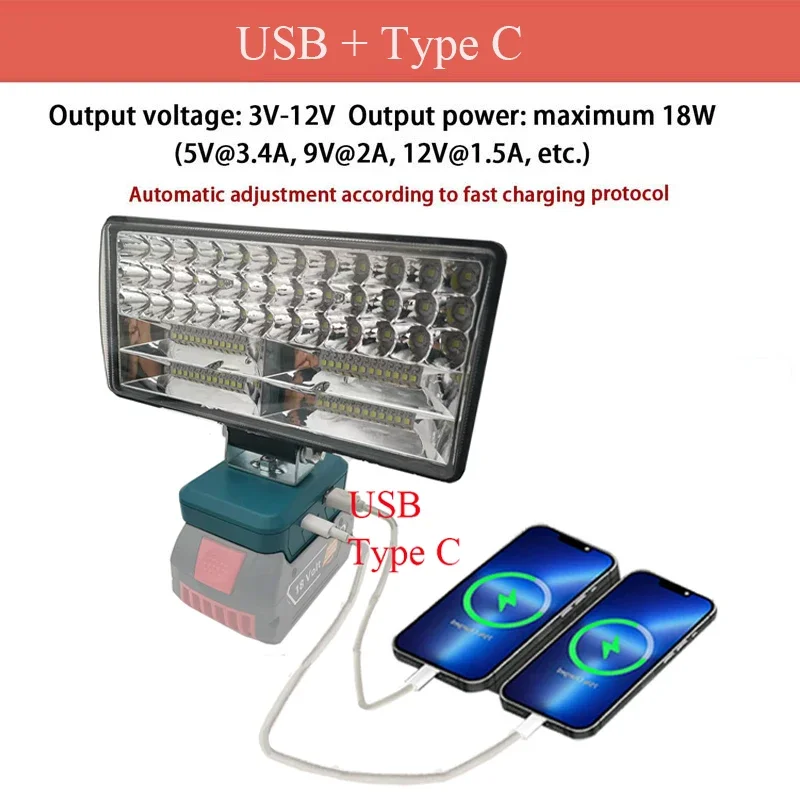 무선 LED 작업 조명 손전등, 전기 토치 스포트라이트, USB 보조배터리, Bosch BAT622 리튬 이온 배터리용 하이 로우 빔 컨트롤