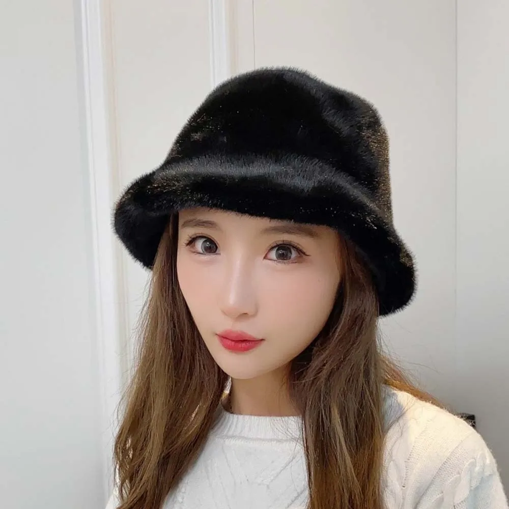 

Temperament Plush Basin Cap Imitation Mink Fur Solid Color Winter Fisherman Hat French Style Versatile Anti-cold Bucket Hat
