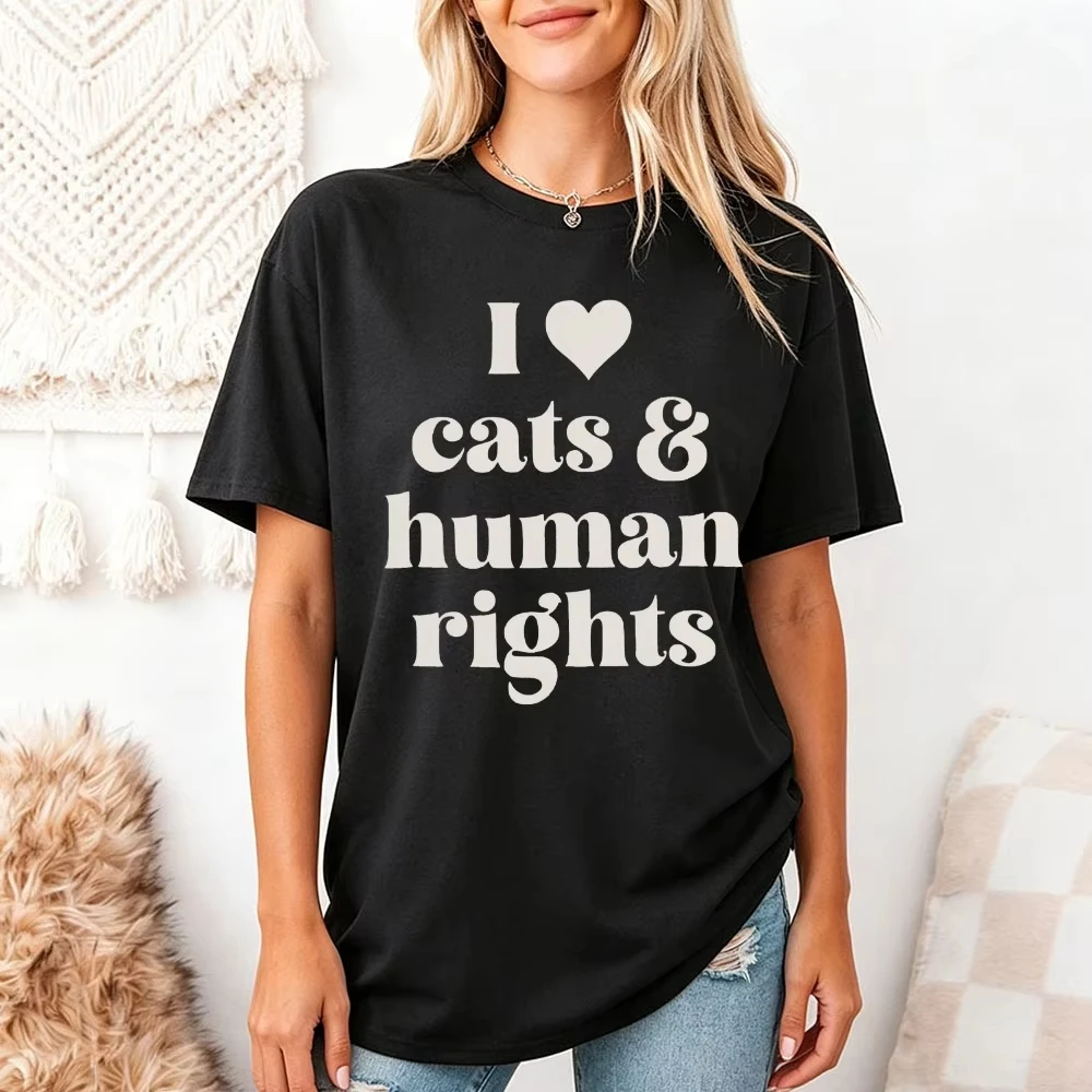 I Love Cats Human Rights T Shirt Women's Overeducated Woman Funny Political Pro Choice Women Liberal Vintage Washed Breathable