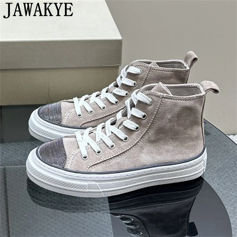 Famous High Top Lace-Up Sneakers Flat Shoes Women Suede Leather Thick Bottom Casual Canvas Shoes Comfort Trainer Run Shoes Woman