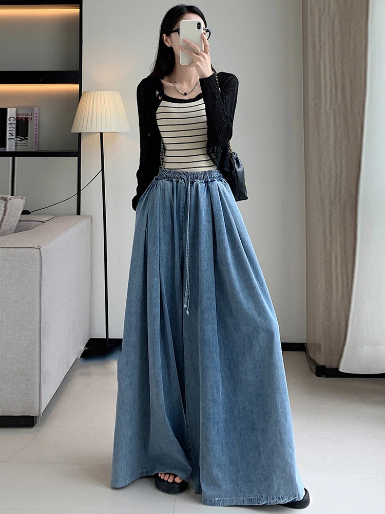 2026 Elastic Waist Loose Fit Plus Size Women Jeans Slimming Wide Leg Ground Length Simple Casual Pants Spring XJ791