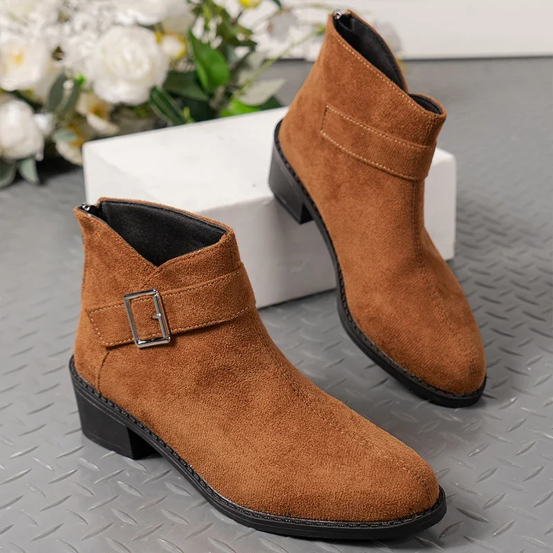 Leopard Suede Ankle Women Chelsea Boots Mid Heels Retro Shoes Designer 2024 Winter New Motorcycle Boots Gladiator Mujer Zapatos